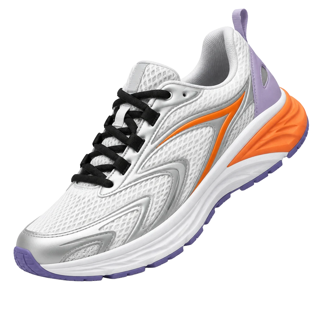 White running sneaker with orange and violet accents