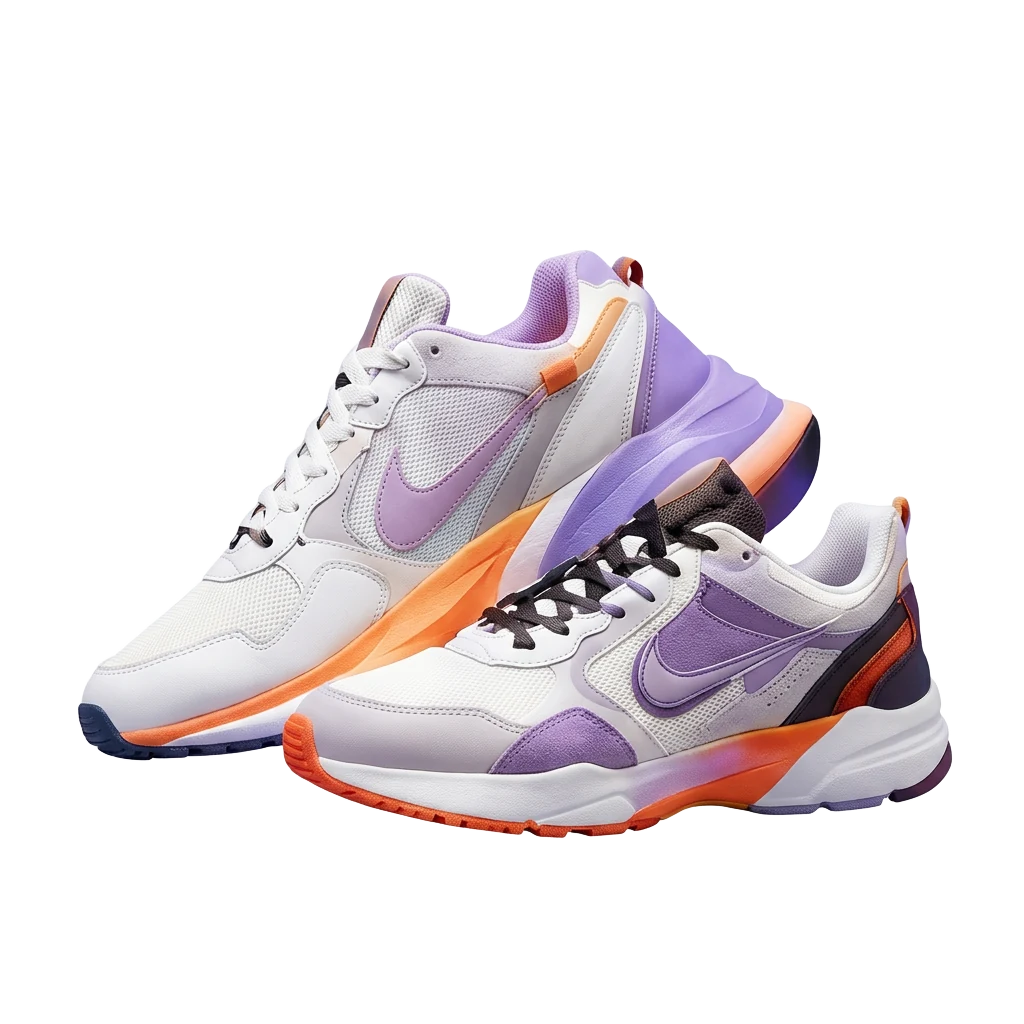 Two overlapping white and violet sneakers